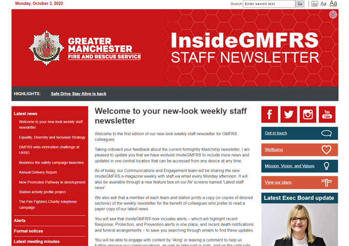  screen shot of the eMagazine for Greater Manchester Fire and Rescue Service front page